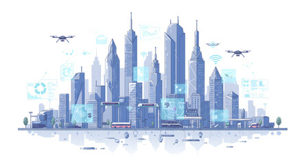 Futuristic smart city with connected buildings and AI technology