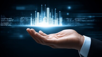 Hand Holding Digital Cityscape with Data Streams and Technology Icons