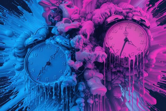 Abstract Time Concept: Surreal Exploding and Melting Clocks, Deadline Pressure, Vibrant Pink Blue
