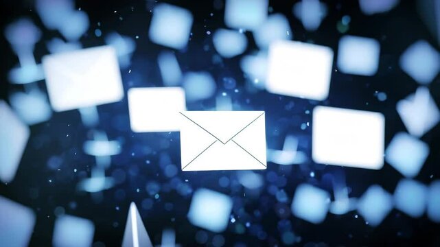 Envelopes Floating Through a Dark Blue Background with Shimmering Particles