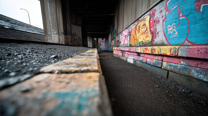 Underneath a highway overpass, colorful graffiti art adorns the concrete walls in a neglected urban space with a gritty and textured perspective leading to darkness.