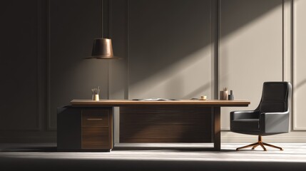 Luxurious Modern Office Interior Design with Wooden Desk and Black Leather Chair