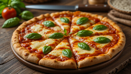 Delicious Homemade Cheese Pizza with Basil on Wood Table, Warm Homey Atmosphere