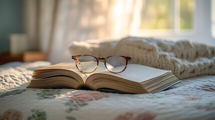 Open book with eyeglasses resting on a cozy bed.