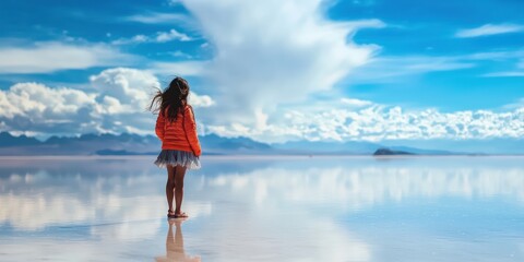 a young woman in a red dress standing in a lake and looking at the sky 