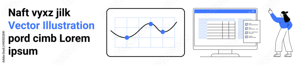 Poster line chart with growth trend, spreadsheet on computer screen, pointing individual. ideal for analyti