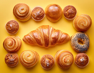 centered golden croissant on yellow background surrounded by pastries