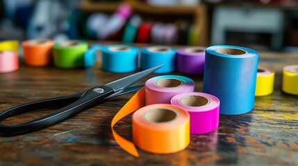 Colorful ribbon rolls and scissors on a wooden surface.