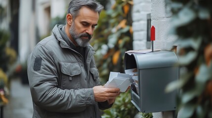 A man checking mail from a mailbox dressed in casual outdoor attire surrounded by greenery an