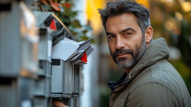 A man checking mailboxes outdoor scene with autumn leaves and sunlight lifestyle photography
