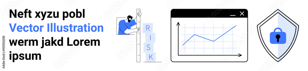 Poster professional analyzing risk text, upward trending graph in browser window, secure padlock shield. id