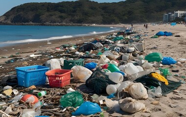 A lot of trash and plastics scattered on the beach