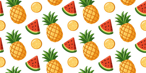 Seamless summer Pattern with whole Pineapples, red juicy Watermelon and yellow Lemon slices. Tropical vector background