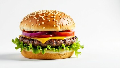 Burger with sesame seed bun on white background, ingredients, american, sesame