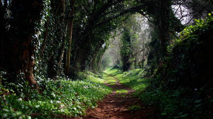A serene path winds through a lush green forest tunnel created by intertwined trees, offe a peaceful and enchanting escape into nature's embrace on a bright day.