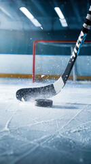 Puck and ice hockey stick on the scratches surface  at background ice arena. Concept of sport, competition, match, tournament