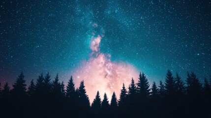 Naklejka premium Majestic pine forest silhouetted under a stunning starry night sky