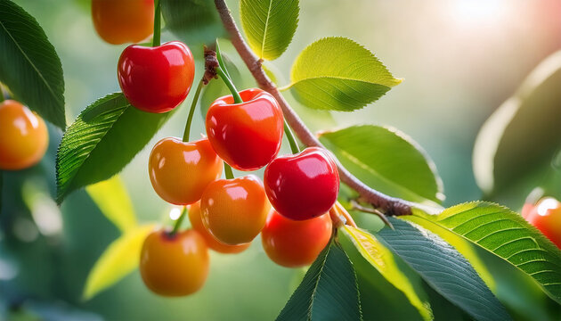 fresh capulin cherries on branch with green leaves vibrant colors
