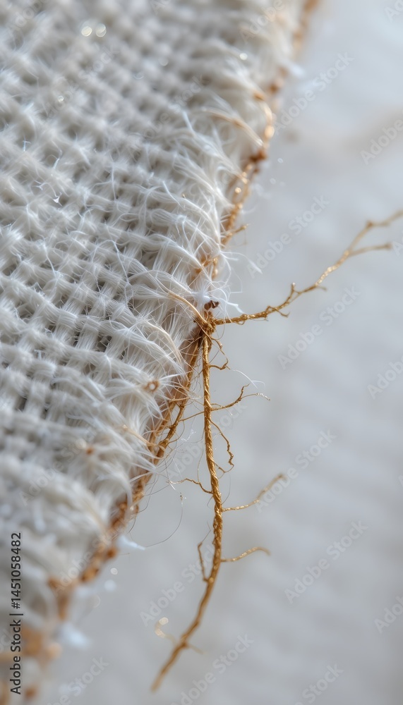 Poster extreme close-up of fabric edge unraveling, showing detail and texture, a textile's integrity compro