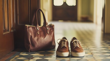 A brown leather handbag and shoes by the doorway.
