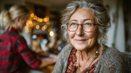 Obraz premium Warm Moments Elderly Woman with Glasses and Festive Background