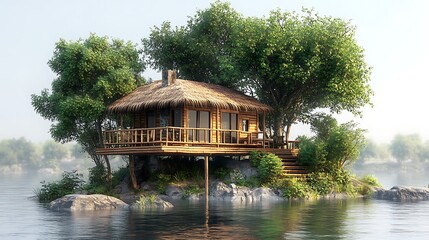 Fototapeta premium Tropical Island Retreat Featuring Wooden Stilt House With Thatched Roof High Resolution Photo