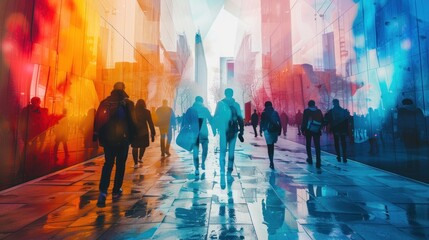 Obraz premium City street scene, vibrant colours, people walking