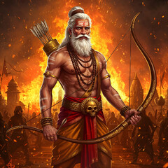 Indian Warrior with white hair wearing full Indian armor hold bow stands in front of an ancient temple