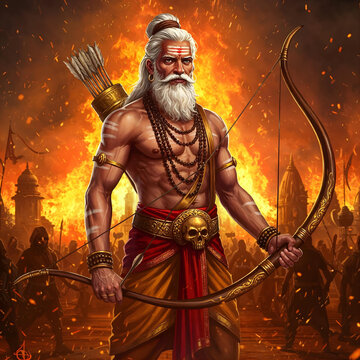 Indian Warrior with white hair wearing full Indian armor hold bow stands in front of an ancient temple