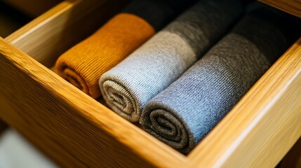 Rolled sweaters neatly organized in a wooden drawer.