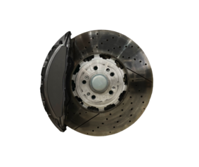 Car ventilated front brake disc with gray caliper. Modern brake disc with ventilation holes and cooling. Perforated brake disc and wheel hub part isolated on a white background. 