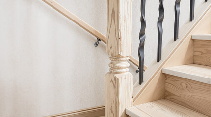 close-up view of a light beige wooden staircase with dark metal balusters