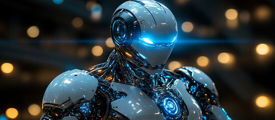 Futuristic robot with glowing blue eyes and detailed mechanical parts.