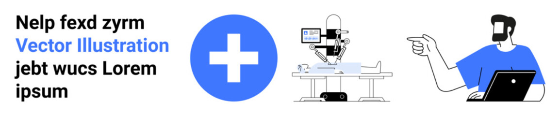 Obraz premium Robotic surgery machine in operation, doctor consulting via video call, and a cross icon. Ideal for healthcare, medical innovation, telemedicine, surgery, diagnostics, robotics flat landing page