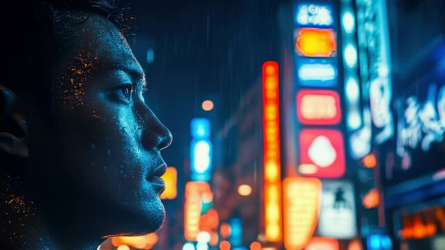 Asian man in futuristic city at night, neon lights, rain, cyberpunk style