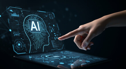 A hand interacting with a digital screen displaying artificial intelligence in a head silhouette