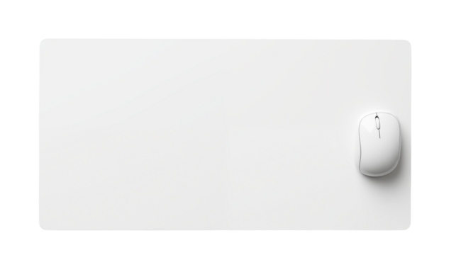 A white wireless mouse rests on a large  mouse pad isolated on transparent background	