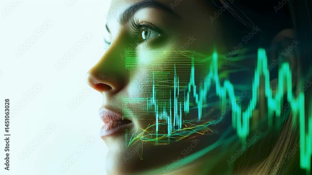 Aufkleber womans profile with digital overlay of data and graphs, futuristic style