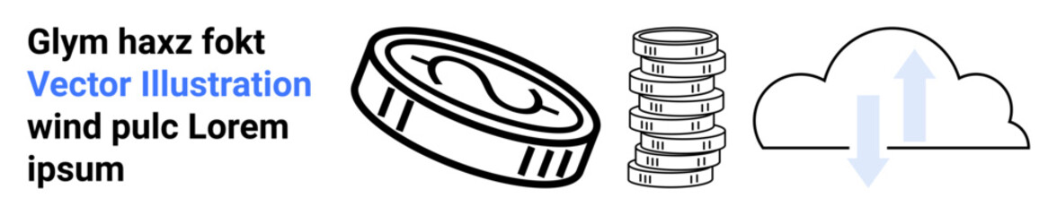Coin stack alongside a single coin and cloud with uploaddownload arrows signify financial growth, digital economy, cloud computing, and data exchange. Ideal for fintech, savings, economy, cloud