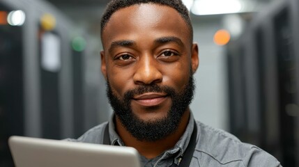 A skilled IT pro confidently stands in a server room, laptop in hand, showcasing expertise in technology and systems.