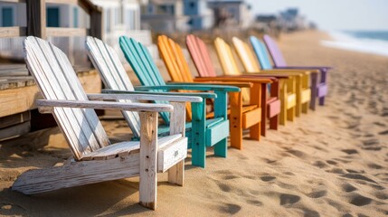 Brightly colored chairs lined up by the shore add charm to the beach scene, inviting relaxation and fun in the sun.