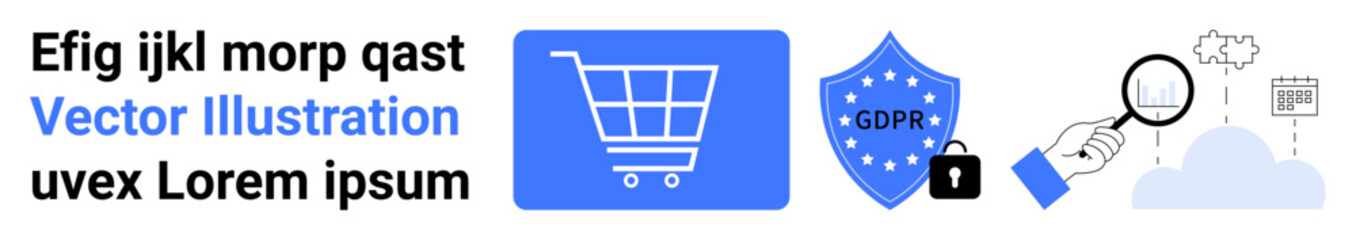 Shopping cart, GDPR shield, magnifying glass analyzing data in the cloud. Ideal for security, ecommerce, data privacy, cloud technology, compliance, digital marketing simple landing page