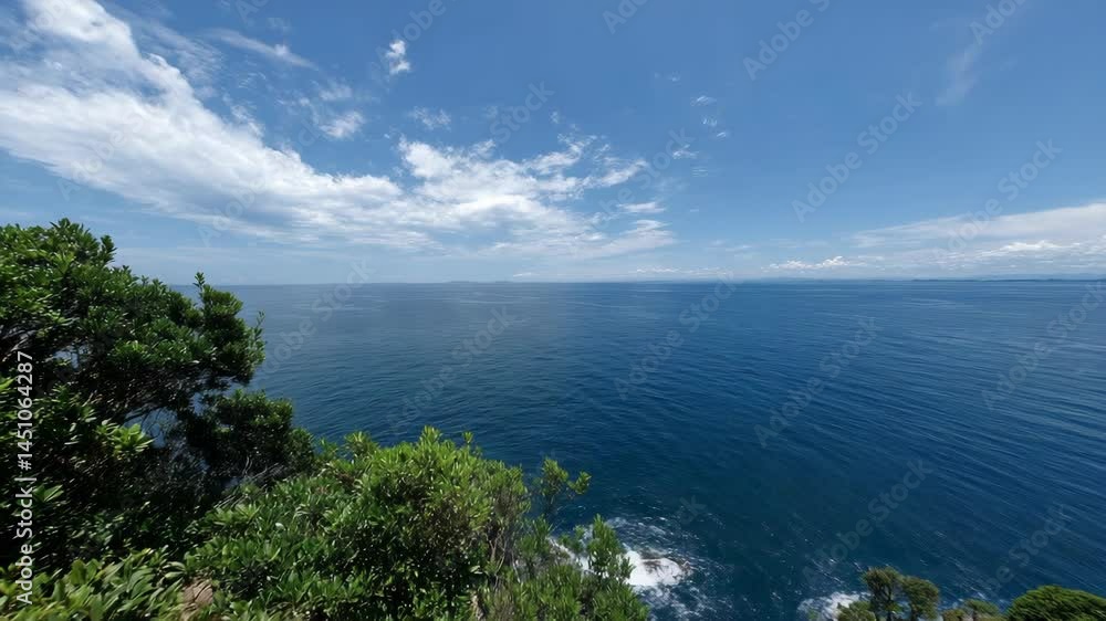Poster panoramic view of tranquil blue ocean waters from lush coastal cliffs with gentle waves breaking und