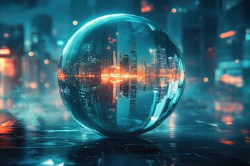 Fototapeta premium A futuristic cityscape reflected in a crystal ball, showcasing vibrant neon lights and towering skyscrapers.