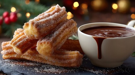 Churros with sugar and a cup of chocolate dip