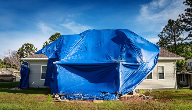 damaged house covered with blue tarps after storm recovery efforts
