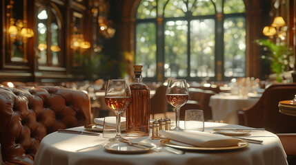Elegant Restaurant: A sophisticated dining scene with a bottle of wine and glasses arranged on a table, inviting viewers into a world of refined tastes and classic interior design.