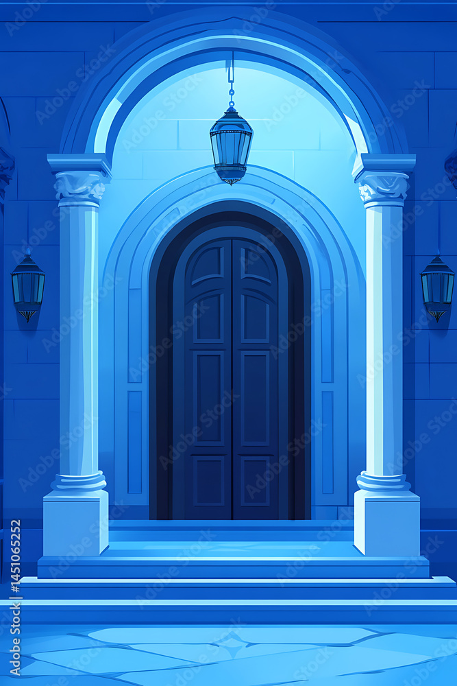 Poster elegant blue-lit doorway with ornate columns and lanterns in a serene architectural setting