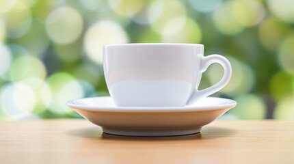 simple white coffee cup and saucer on a wooden table