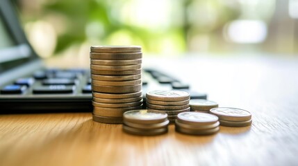 Financial Growth and Savings: Coins Stacked on a Calculator